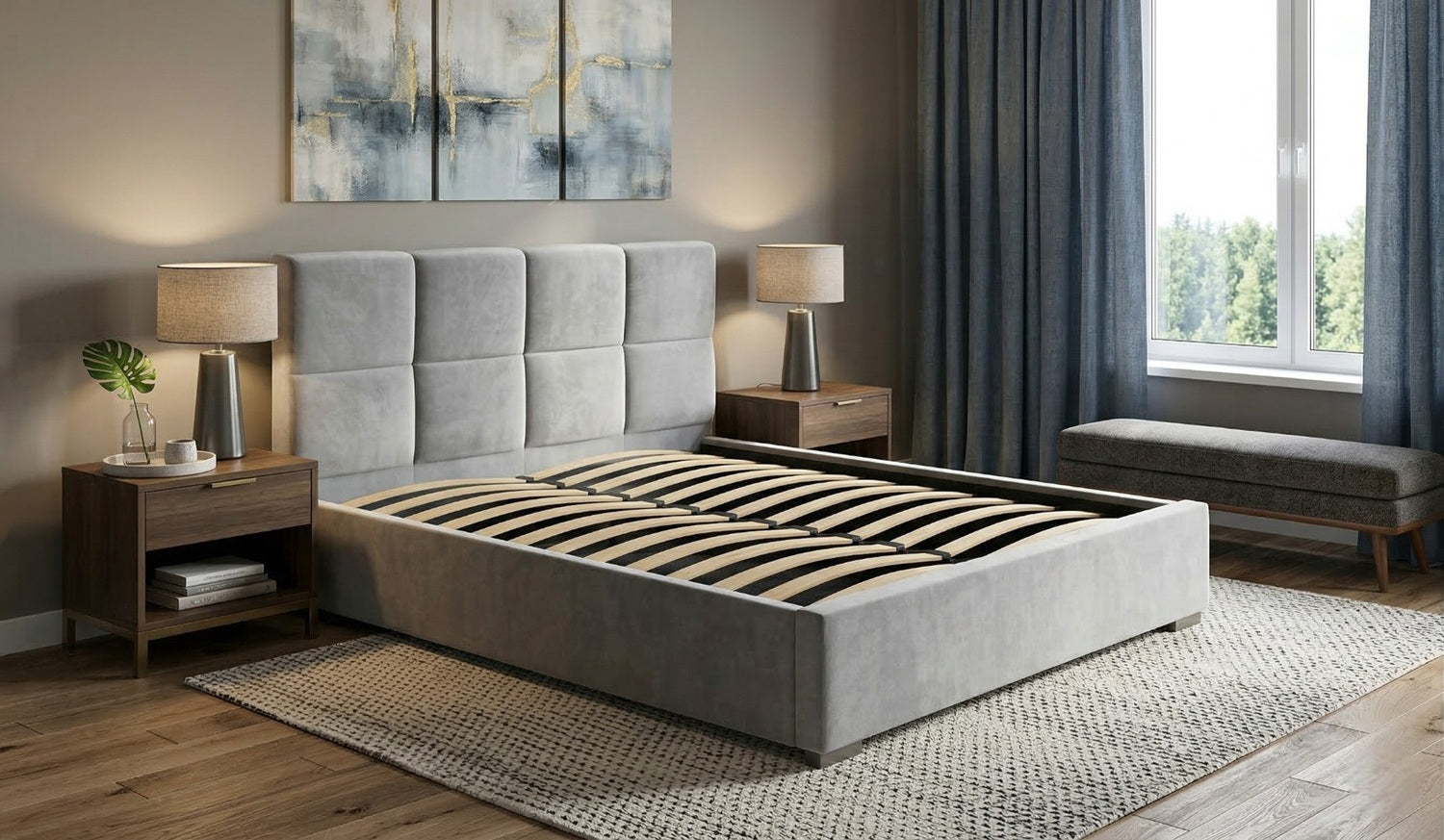 Łóżko tapicerowane Kansas z pojemnikiem na pościel i podnoszonym stelażem